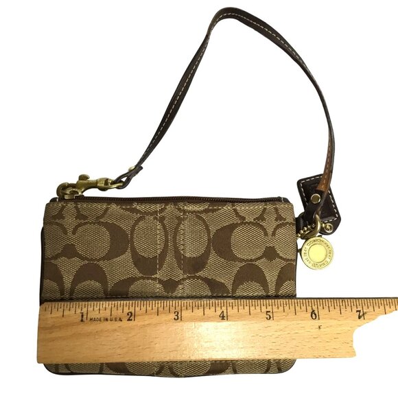 Coach Signature Brown Jacquard Wristlet Purse Clutch Bag Small Zip C Logo - Picture 5 of 6